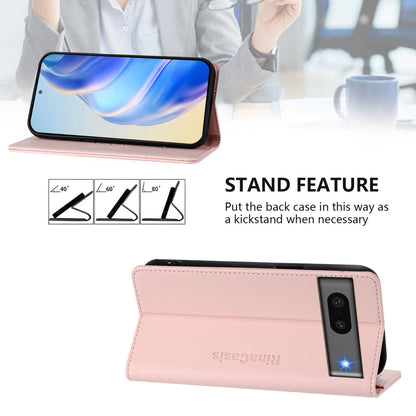 Google Pixel 7 Dual-Folded Magnetic Suction RFID Blocking PU Leather Wallet Phone Case with Card Slots, Cash Pocket, Kickstand, Full Protective Flip Cover
