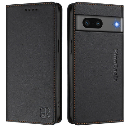 Google Pixel 7 Dual-Folded Magnetic Suction RFID Blocking PU Leather Wallet Phone Case with Card Slots, Cash Pocket, Kickstand, Full Protective Flip Cover