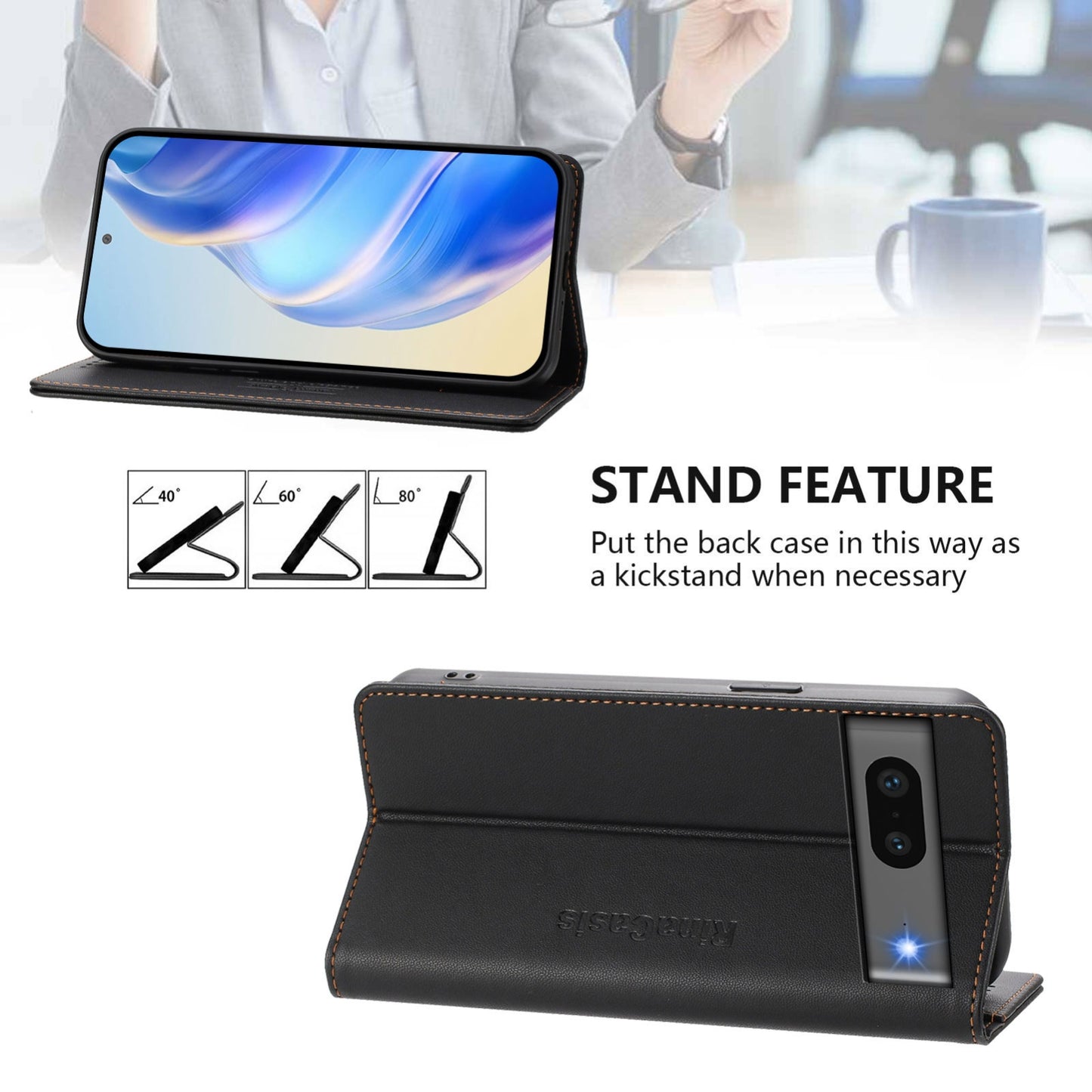 Google Pixel 7 Dual-Folded Magnetic Suction RFID Blocking PU Leather Wallet Phone Case with Card Slots, Cash Pocket, Kickstand, Full Protective Flip Cover