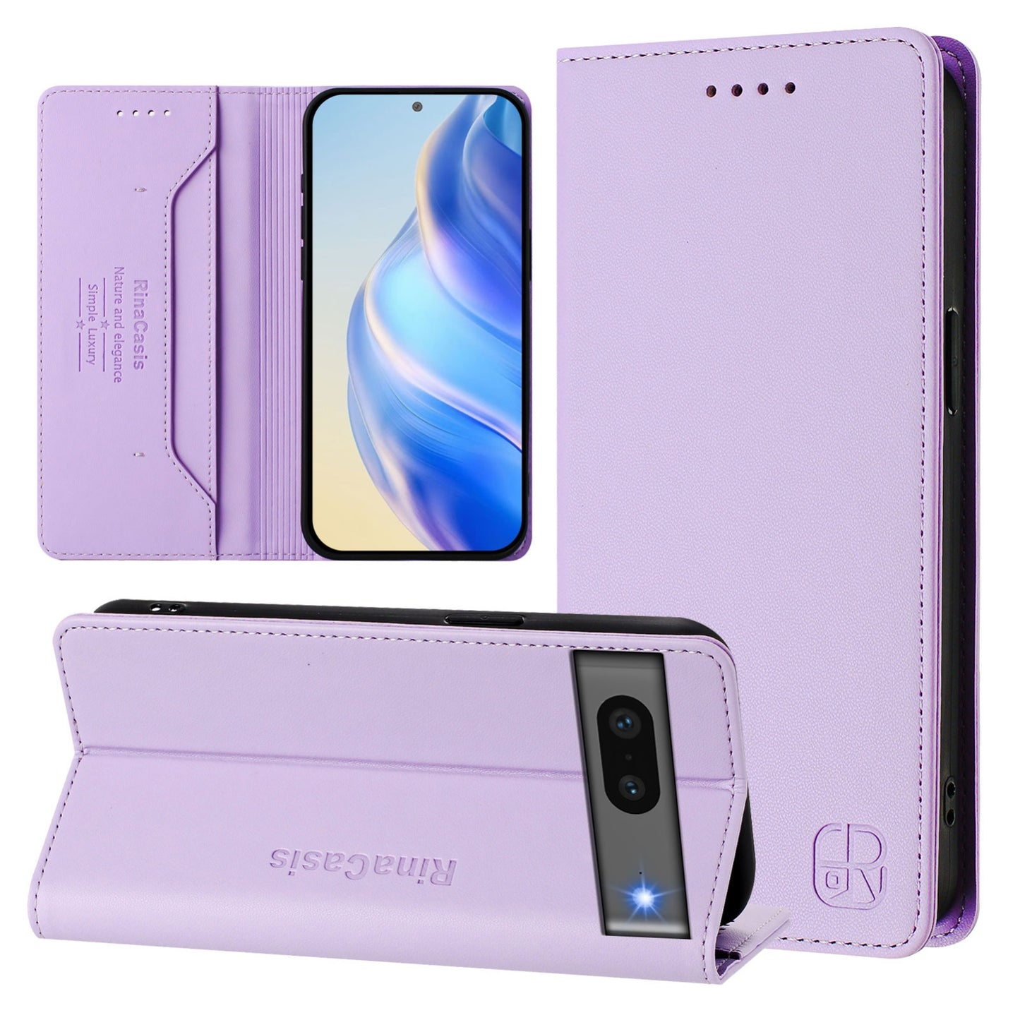 Google Pixel 7 Dual-Folded Magnetic Suction RFID Blocking PU Leather Wallet Phone Case with Card Slots, Cash Pocket, Kickstand, Full Protective Flip Cover