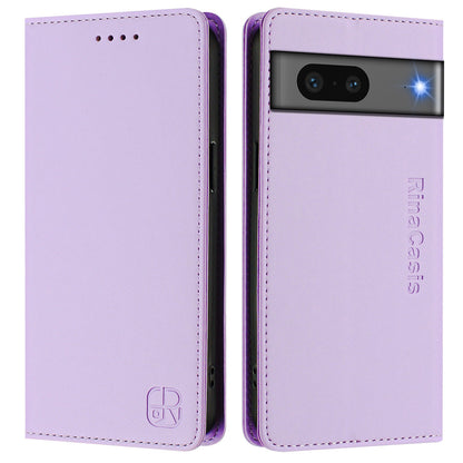 Google Pixel 7 Dual-Folded Magnetic Suction RFID Blocking PU Leather Wallet Phone Case with Card Slots, Cash Pocket, Kickstand, Full Protective Flip Cover