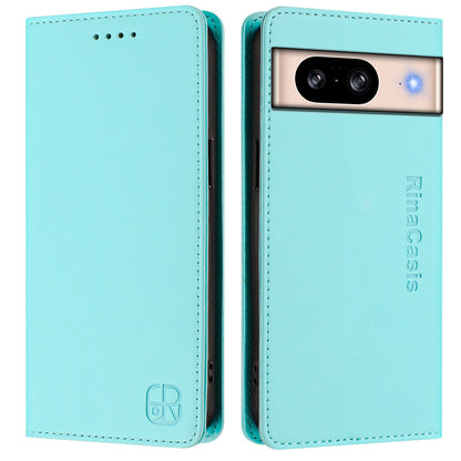 Google Pixel 8 Dual-Folded Magnetic Suction RFID Blocking PU Leather Wallet Phone Case with Card Slots, Cash Pocket, Kickstand, Full Protective Flip Cover