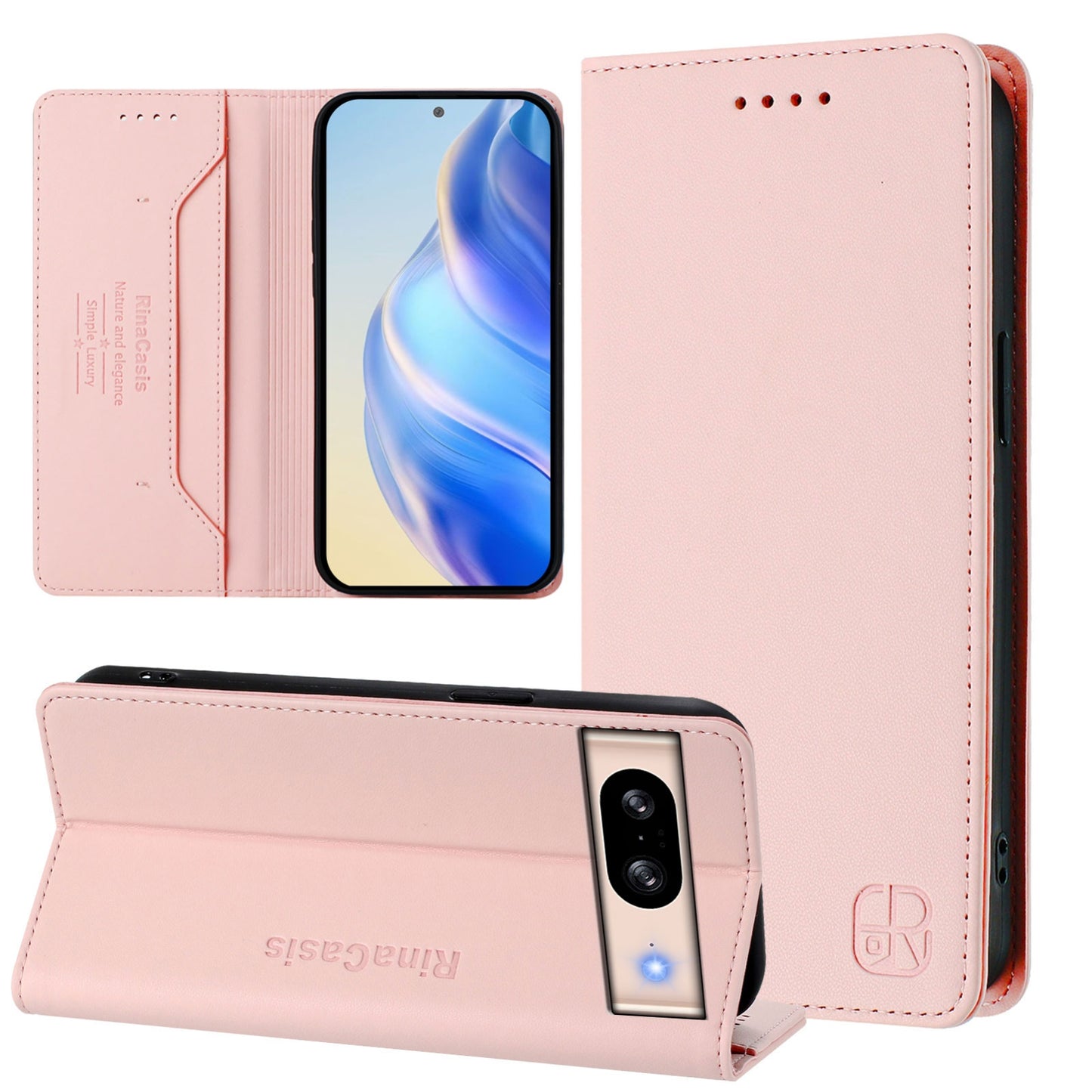 Google Pixel 8 Dual-Folded Magnetic Suction RFID Blocking PU Leather Wallet Phone Case with Card Slots, Cash Pocket, Kickstand, Full Protective Flip Cover