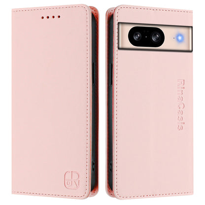 Google Pixel 8 Dual-Folded Magnetic Suction RFID Blocking PU Leather Wallet Phone Case with Card Slots, Cash Pocket, Kickstand, Full Protective Flip Cover
