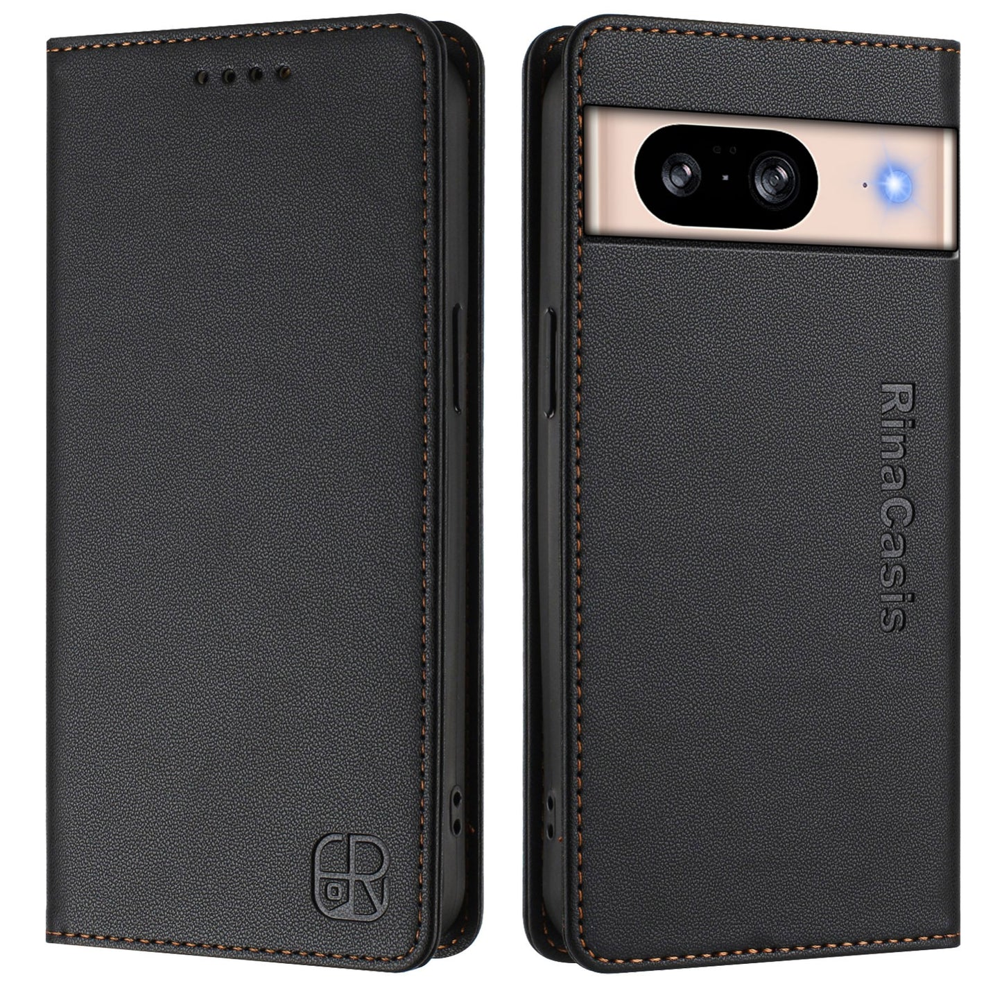Google Pixel 8 Dual-Folded Magnetic Suction RFID Blocking PU Leather Wallet Phone Case with Card Slots, Cash Pocket, Kickstand, Full Protective Flip Cover