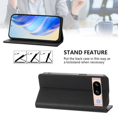 Google Pixel 8 Dual-Folded Magnetic Suction RFID Blocking PU Leather Wallet Phone Case with Card Slots, Cash Pocket, Kickstand, Full Protective Flip Cover