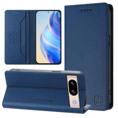 Google Pixel 8 Dual-Folded Magnetic Suction RFID Blocking PU Leather Wallet Phone Case with Card Slots, Cash Pocket, Kickstand, Full Protective Flip Cover