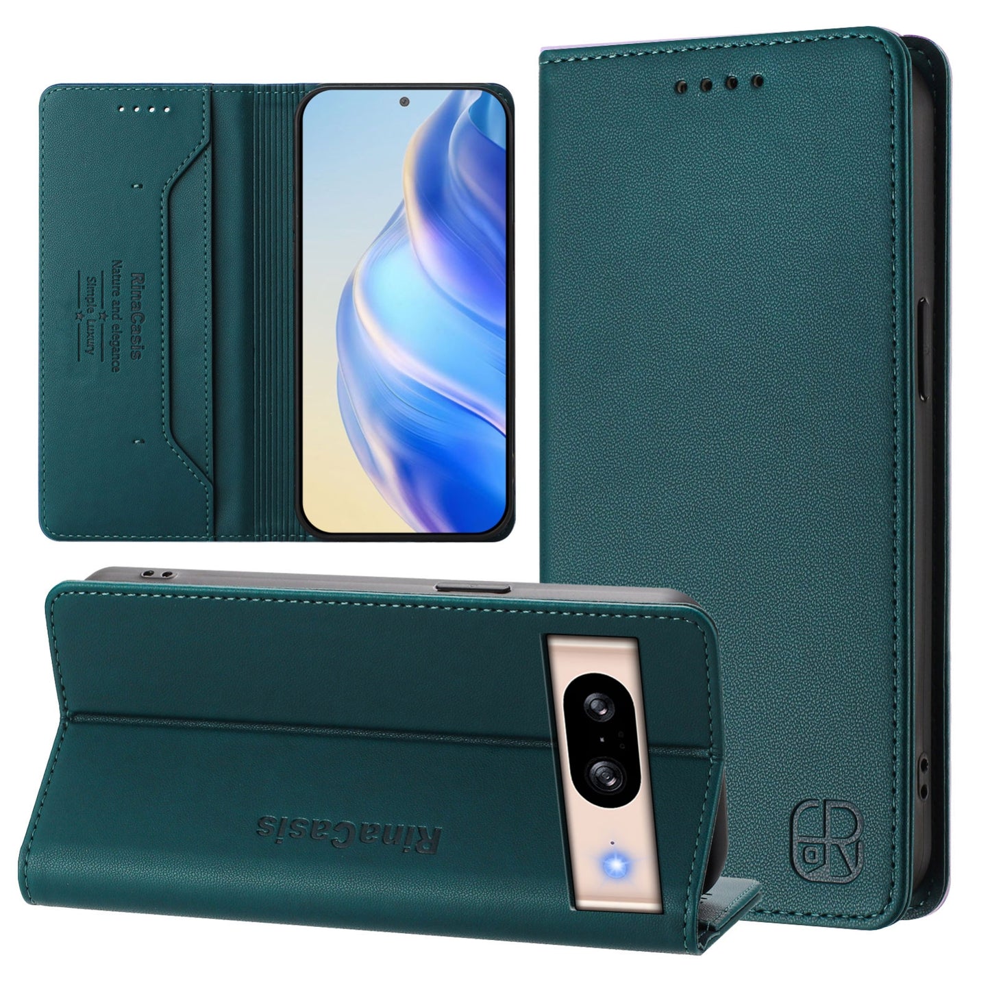 Google Pixel 8 Dual-Folded Magnetic Suction RFID Blocking PU Leather Wallet Phone Case with Card Slots, Cash Pocket, Kickstand, Full Protective Flip Cover