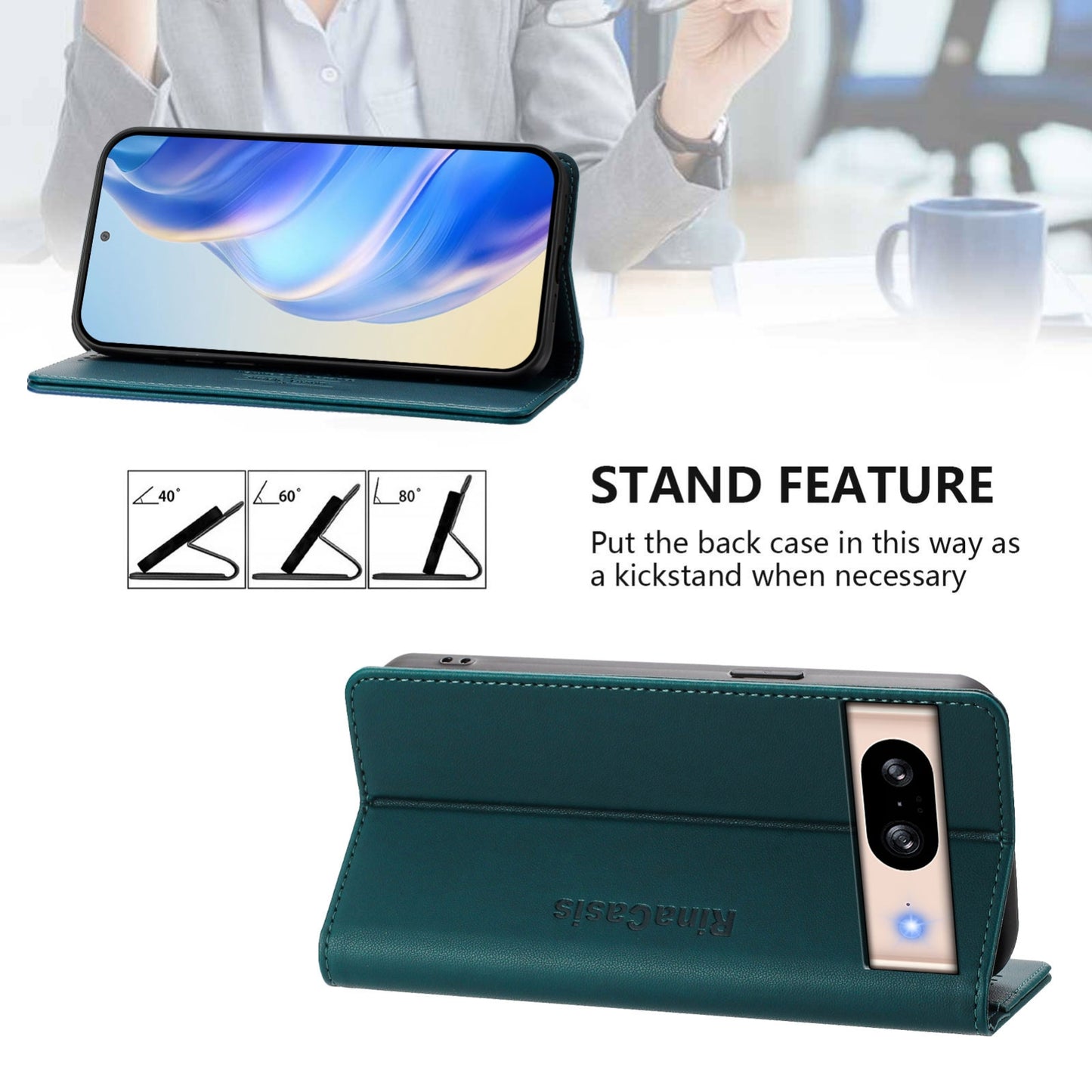 Google Pixel 8 Dual-Folded Magnetic Suction RFID Blocking PU Leather Wallet Phone Case with Card Slots, Cash Pocket, Kickstand, Full Protective Flip Cover