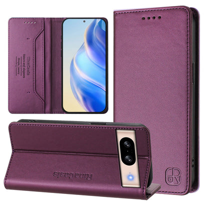 Google Pixel 8 Dual-Folded Magnetic Suction RFID Blocking PU Leather Wallet Phone Case with Card Slots, Cash Pocket, Kickstand, Full Protective Flip Cover
