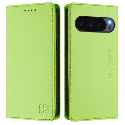 Google Pixel 10 Pro 5G Dual-Folded Magnetic Suction RFID Blocking PU Leather Wallet Phone Case with Card Slots, Cash Pocket, Kickstand, Full Protective Flip Cover