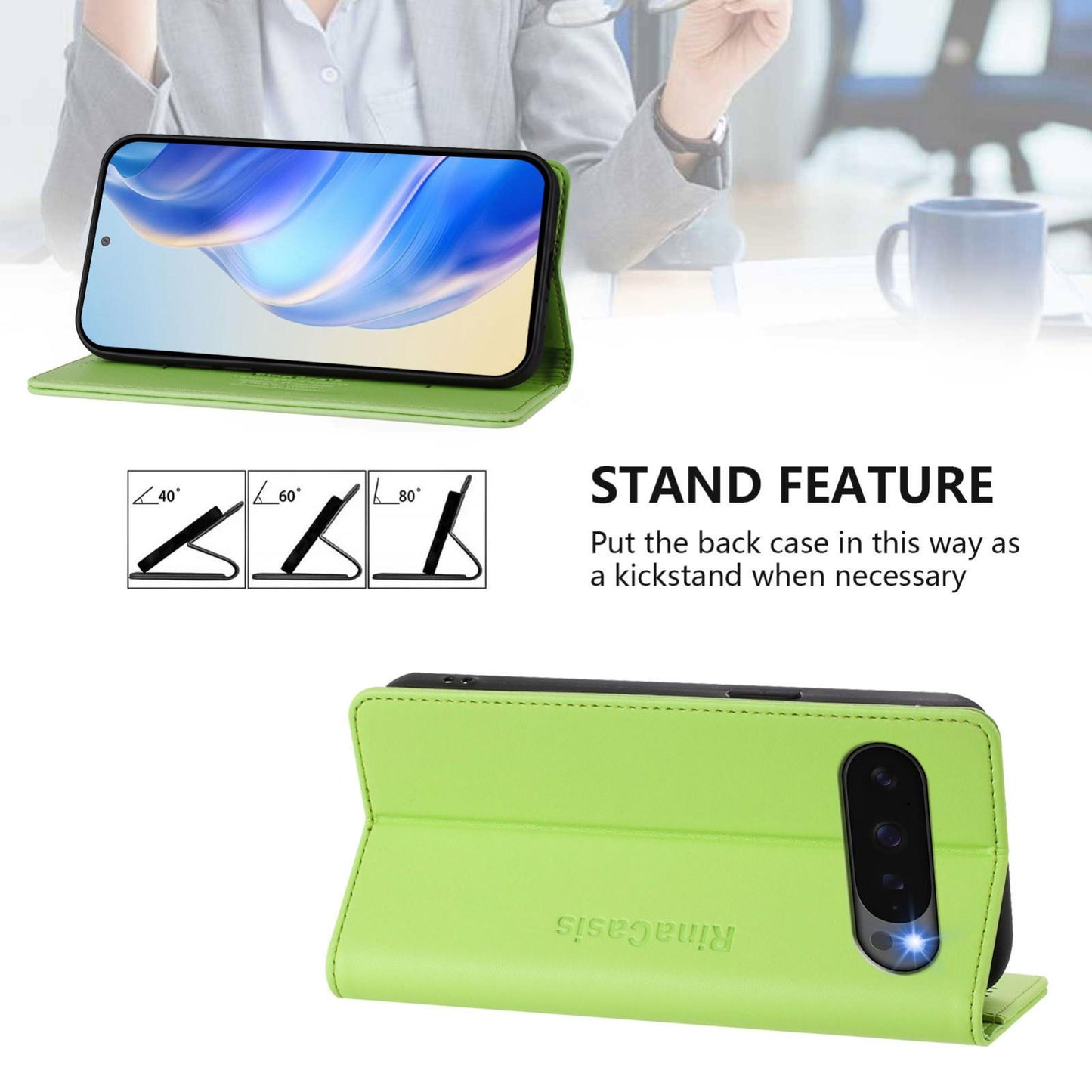 Google Pixel 10 Dual-Folded Magnetic Suction RFID Blocking PU Leather Wallet Phone Case with Card Slots, Cash Pocket, Kickstand, Full Protective Flip Cover