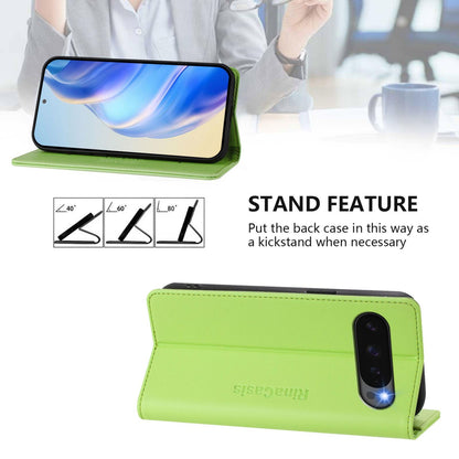 Google Pixel 10 Dual-Folded Magnetic Suction RFID Blocking PU Leather Wallet Phone Case with Card Slots, Cash Pocket, Kickstand, Full Protective Flip Cover