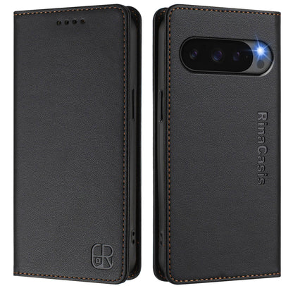 Google Pixel 10 Dual-Folded Magnetic Suction RFID Blocking PU Leather Wallet Phone Case with Card Slots, Cash Pocket, Kickstand, Full Protective Flip Cover