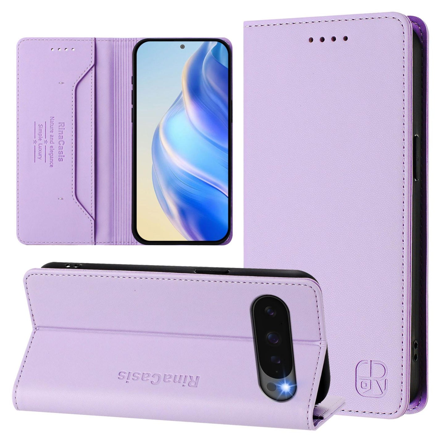 Google Pixel 10 Dual-Folded Magnetic Suction RFID Blocking PU Leather Wallet Phone Case with Card Slots, Cash Pocket, Kickstand, Full Protective Flip Cover