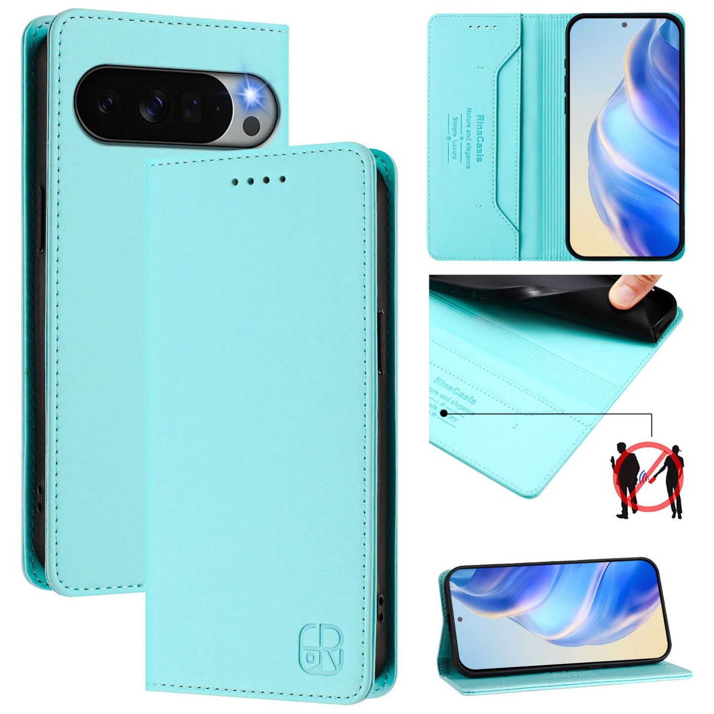 Google Pixel 11 Pro XL Dual-Folded Magnetic Suction RFID Blocking PU Leather Wallet Phone Case with Card Slots, Cash Pocket, Kickstand, Full Protective Flip Cover