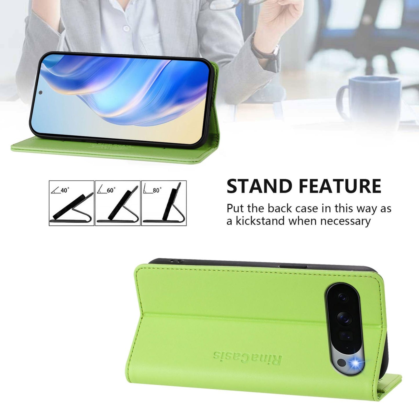 Google Pixel 11 Pro XL Dual-Folded Magnetic Suction RFID Blocking PU Leather Wallet Phone Case with Card Slots, Cash Pocket, Kickstand, Full Protective Flip Cover