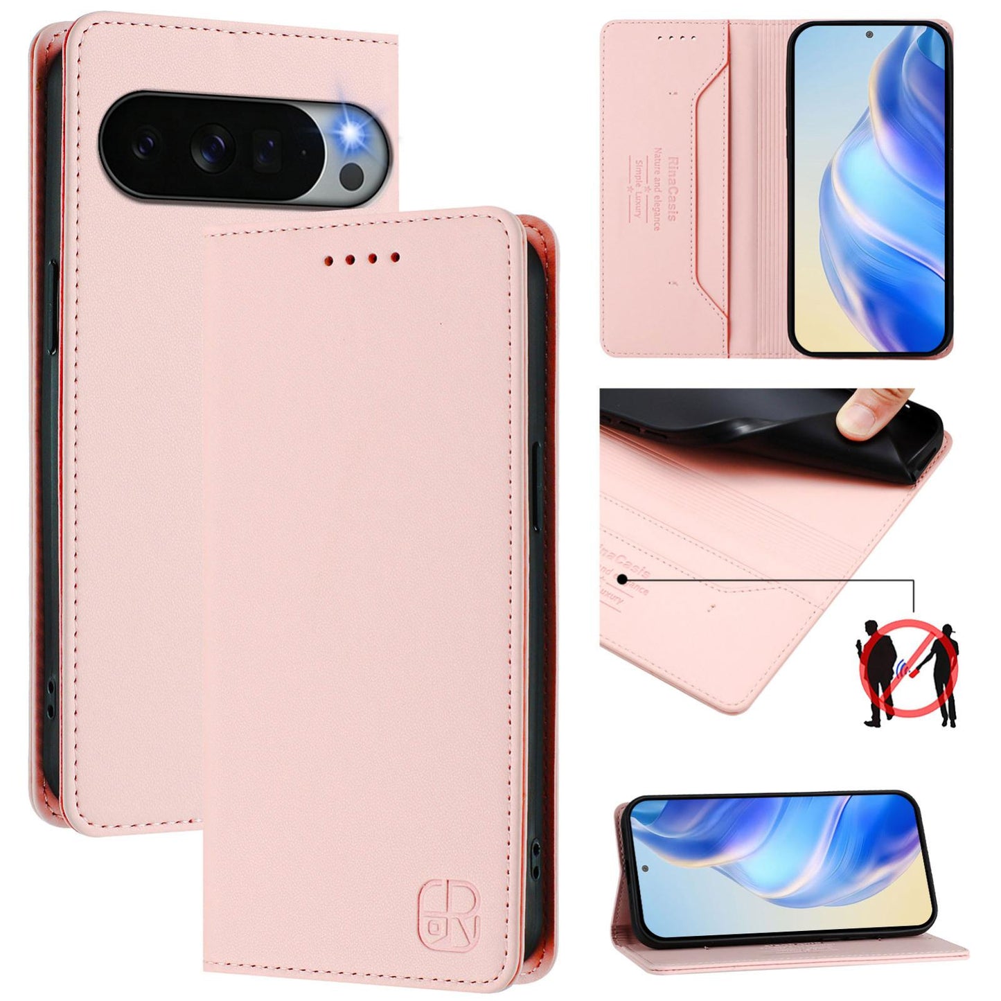 Google Pixel 11 Pro XL Dual-Folded Magnetic Suction RFID Blocking PU Leather Wallet Phone Case with Card Slots, Cash Pocket, Kickstand, Full Protective Flip Cover