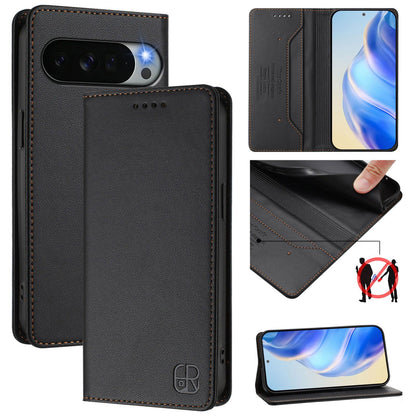 Google Pixel 11 Pro XL Dual-Folded Magnetic Suction RFID Blocking PU Leather Wallet Phone Case with Card Slots, Cash Pocket, Kickstand, Full Protective Flip Cover