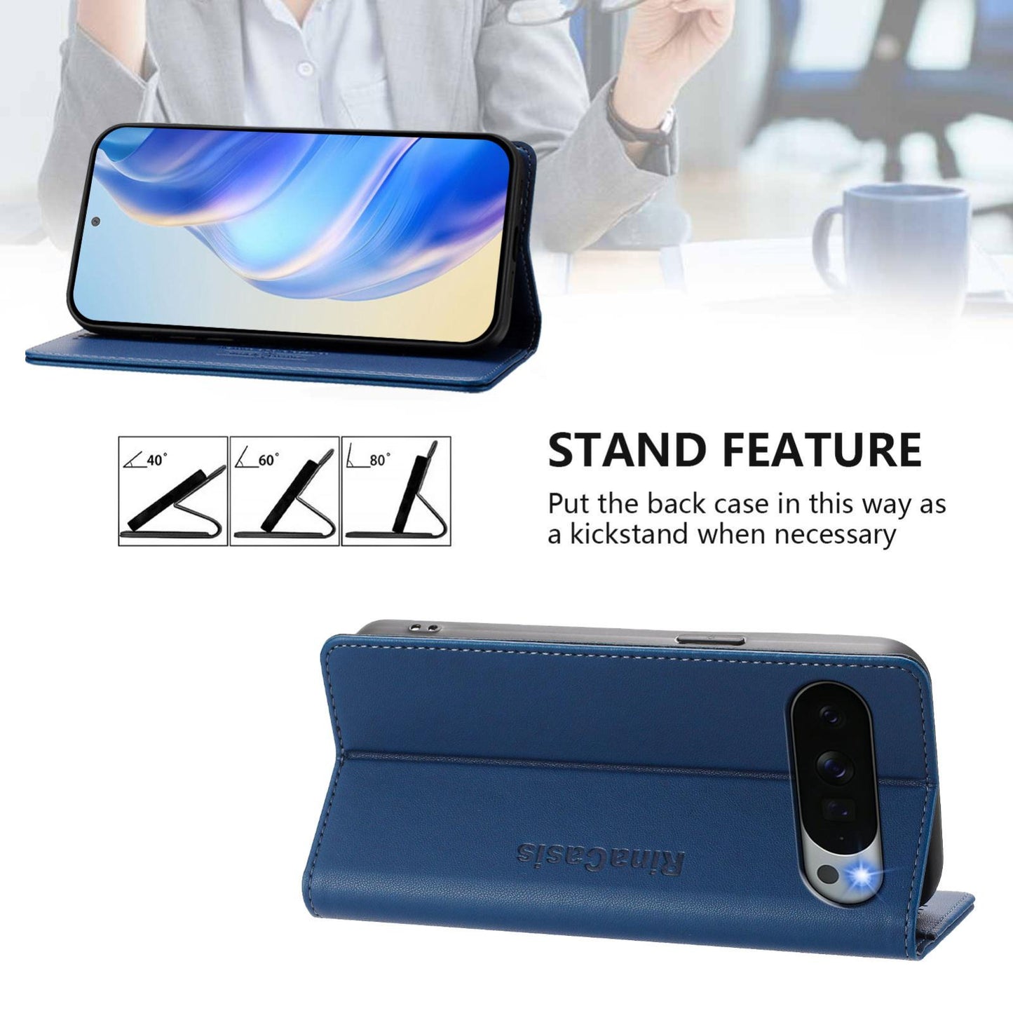 Google Pixel 11 Pro XL Dual-Folded Magnetic Suction RFID Blocking PU Leather Wallet Phone Case with Card Slots, Cash Pocket, Kickstand, Full Protective Flip Cover