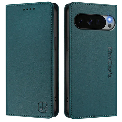 Google Pixel 11 Pro XL Dual-Folded Magnetic Suction RFID Blocking PU Leather Wallet Phone Case with Card Slots, Cash Pocket, Kickstand, Full Protective Flip Cover