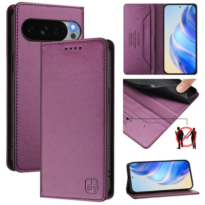 Google Pixel 11 Pro XL Dual-Folded Magnetic Suction RFID Blocking PU Leather Wallet Phone Case with Card Slots, Cash Pocket, Kickstand, Full Protective Flip Cover