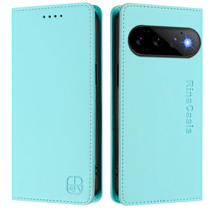 Google Pixel 11 Dual-Folded Magnetic Suction RFID Blocking PU Leather Wallet Phone Case with Card Slots, Cash Pocket, Kickstand, Full Protective Flip Cover