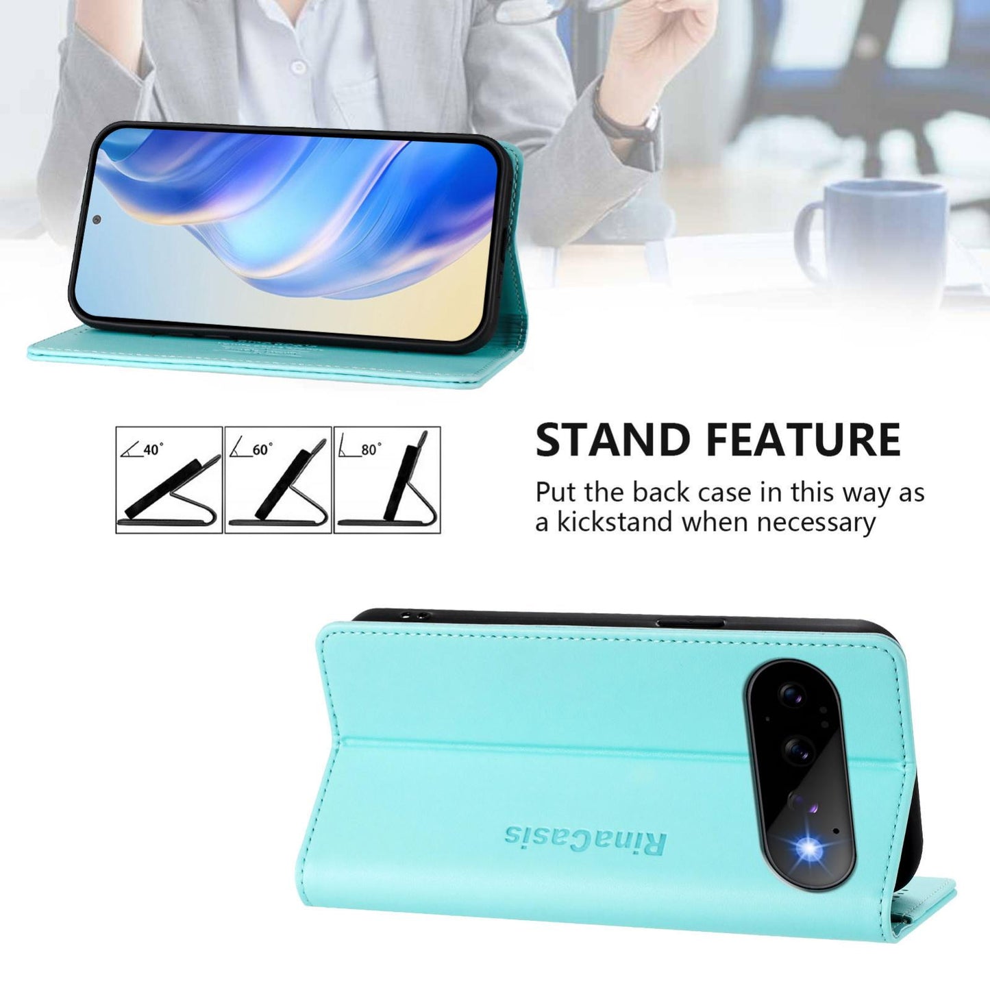 Google Pixel 11 Dual-Folded Magnetic Suction RFID Blocking PU Leather Wallet Phone Case with Card Slots, Cash Pocket, Kickstand, Full Protective Flip Cover