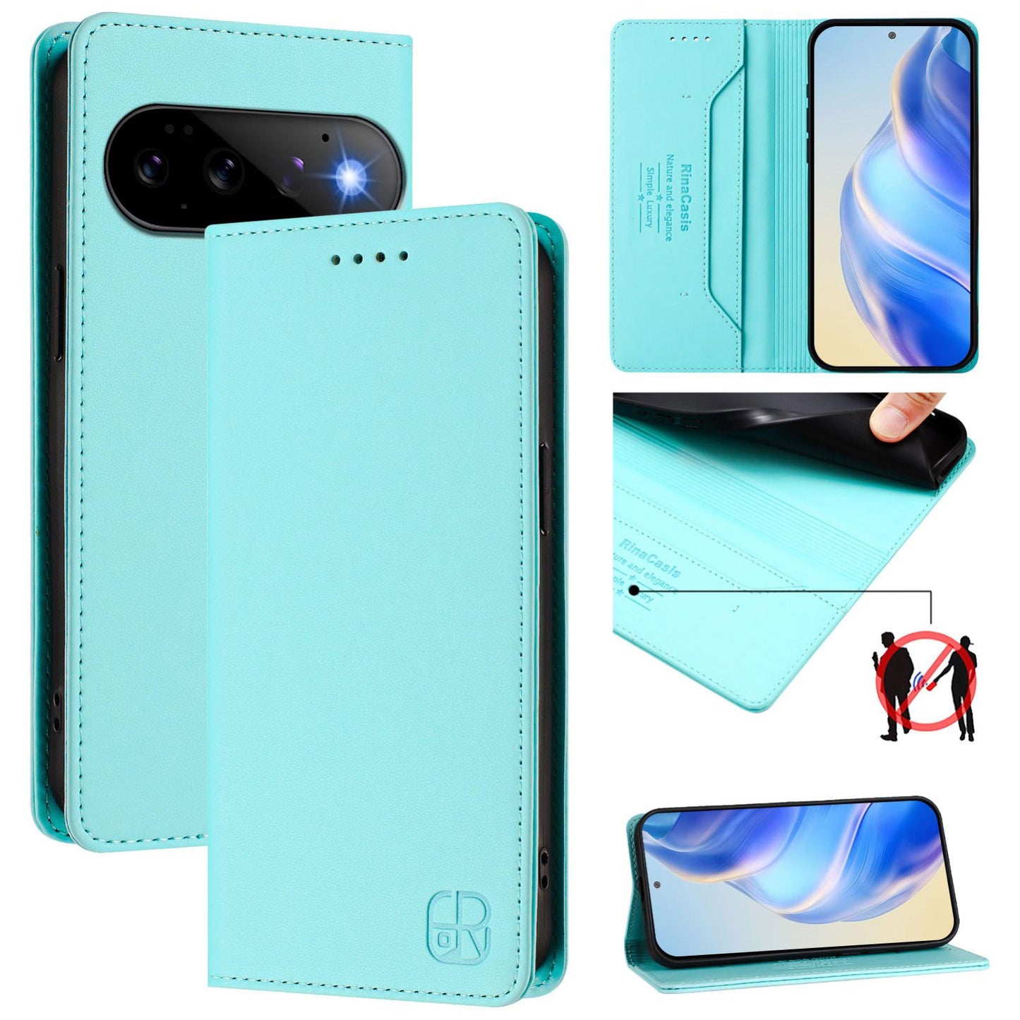 Google Pixel 11 Pro Dual-Folded Magnetic Suction RFID Blocking PU Leather Wallet Phone Case with Card Slots, Cash Pocket, Kickstand, Full Protective Flip Cover