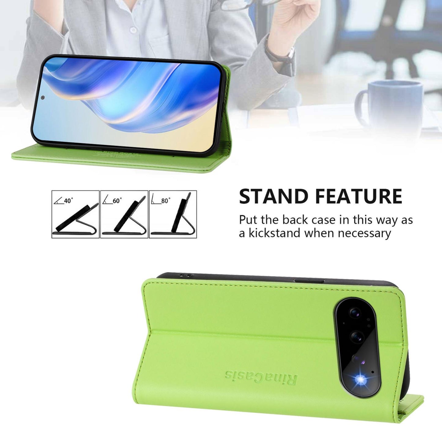 Google Pixel 11 Pro Dual-Folded Magnetic Suction RFID Blocking PU Leather Wallet Phone Case with Card Slots, Cash Pocket, Kickstand, Full Protective Flip Cover