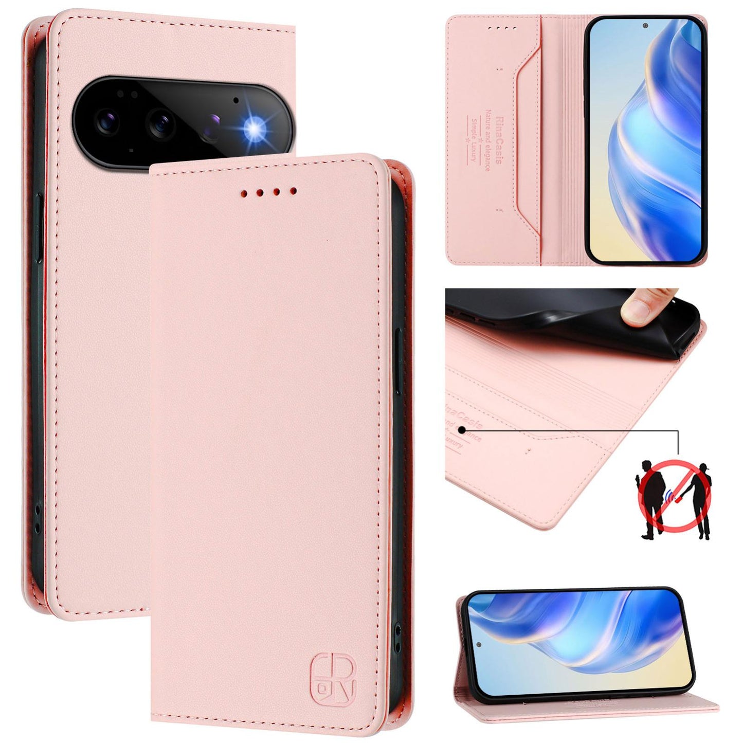 Google Pixel 11 Dual-Folded Magnetic Suction RFID Blocking PU Leather Wallet Phone Case with Card Slots, Cash Pocket, Kickstand, Full Protective Flip Cover