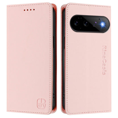 Google Pixel 11 Dual-Folded Magnetic Suction RFID Blocking PU Leather Wallet Phone Case with Card Slots, Cash Pocket, Kickstand, Full Protective Flip Cover