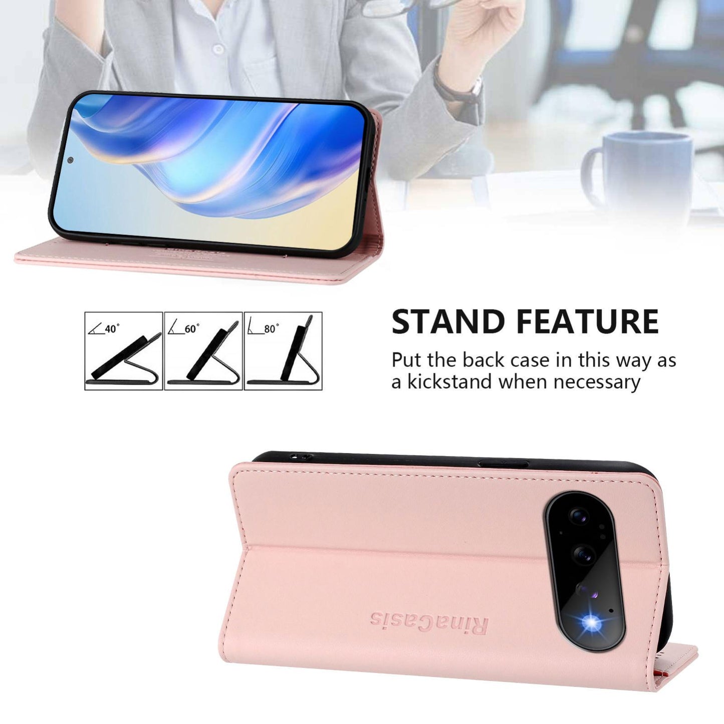 Google Pixel 11 Pro Dual-Folded Magnetic Suction RFID Blocking PU Leather Wallet Phone Case with Card Slots, Cash Pocket, Kickstand, Full Protective Flip Cover
