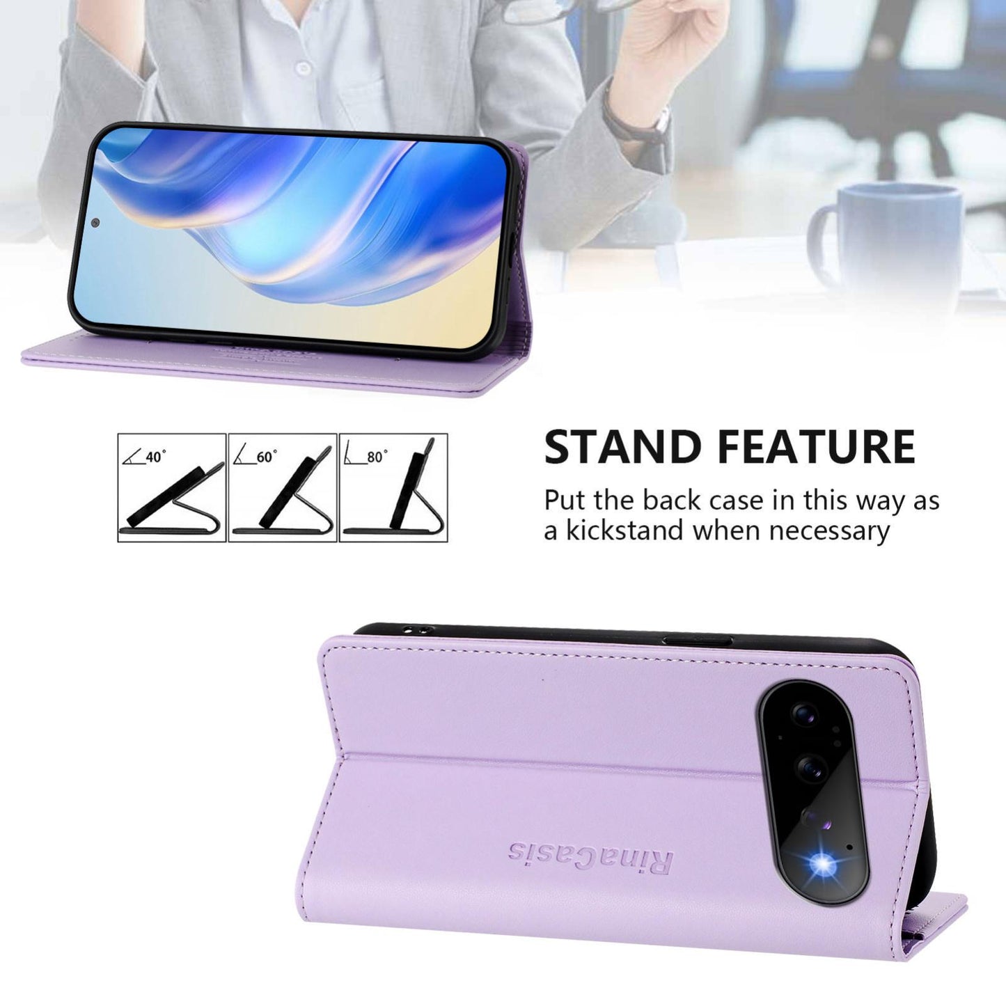 Google Pixel 11 Pro Dual-Folded Magnetic Suction RFID Blocking PU Leather Wallet Phone Case with Card Slots, Cash Pocket, Kickstand, Full Protective Flip Cover