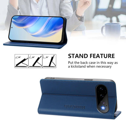 Google Pixel 11 Dual-Folded Magnetic Suction RFID Blocking PU Leather Wallet Phone Case with Card Slots, Cash Pocket, Kickstand, Full Protective Flip Cover