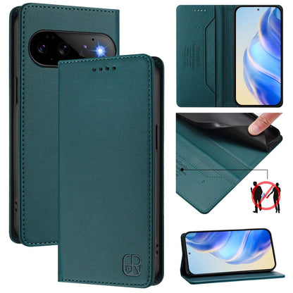 Google Pixel 11 Pro Dual-Folded Magnetic Suction RFID Blocking PU Leather Wallet Phone Case with Card Slots, Cash Pocket, Kickstand, Full Protective Flip Cover