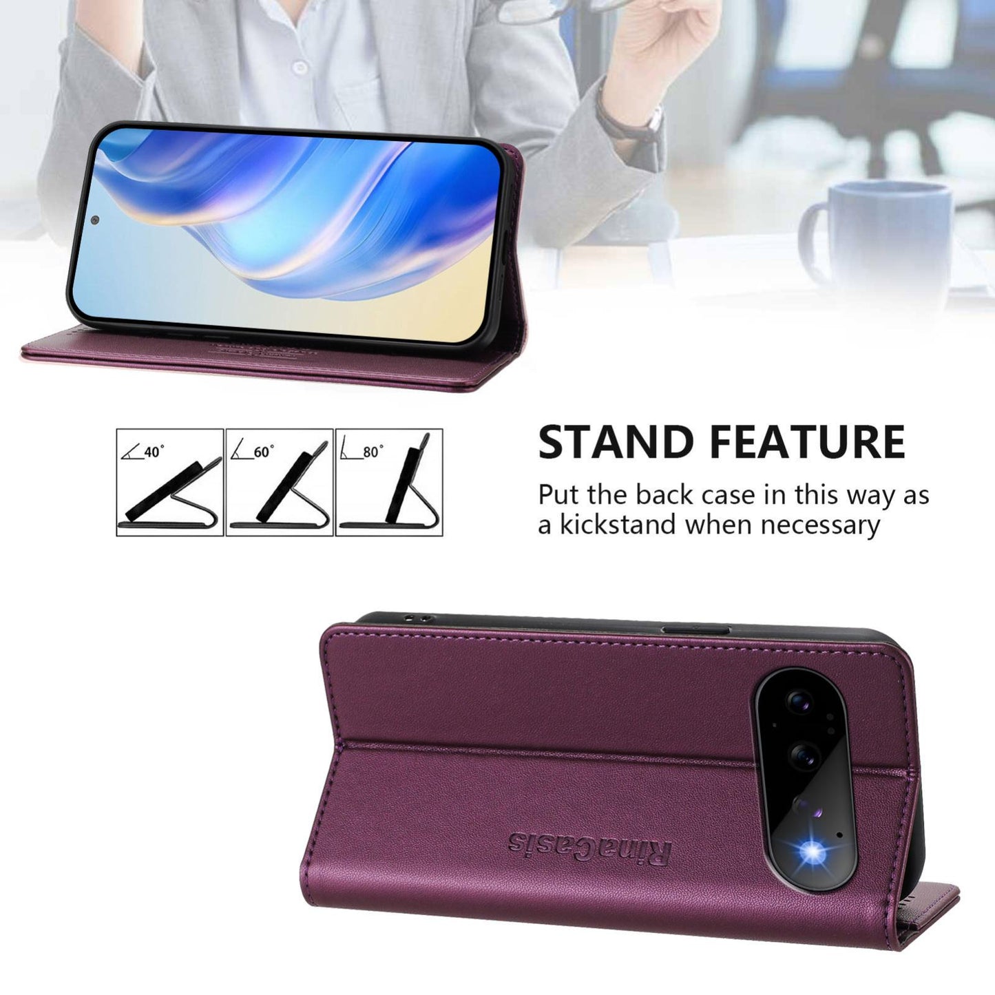 Google Pixel 11 Pro Dual-Folded Magnetic Suction RFID Blocking PU Leather Wallet Phone Case with Card Slots, Cash Pocket, Kickstand, Full Protective Flip Cover