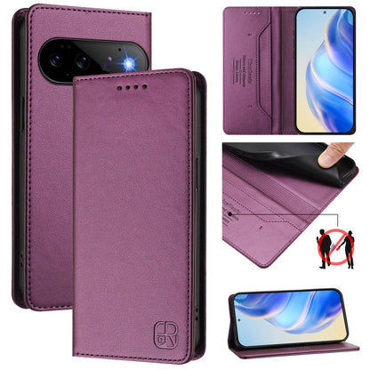 Google Pixel 11 Pro Dual-Folded Magnetic Suction RFID Blocking PU Leather Wallet Phone Case with Card Slots, Cash Pocket, Kickstand, Full Protective Flip Cover