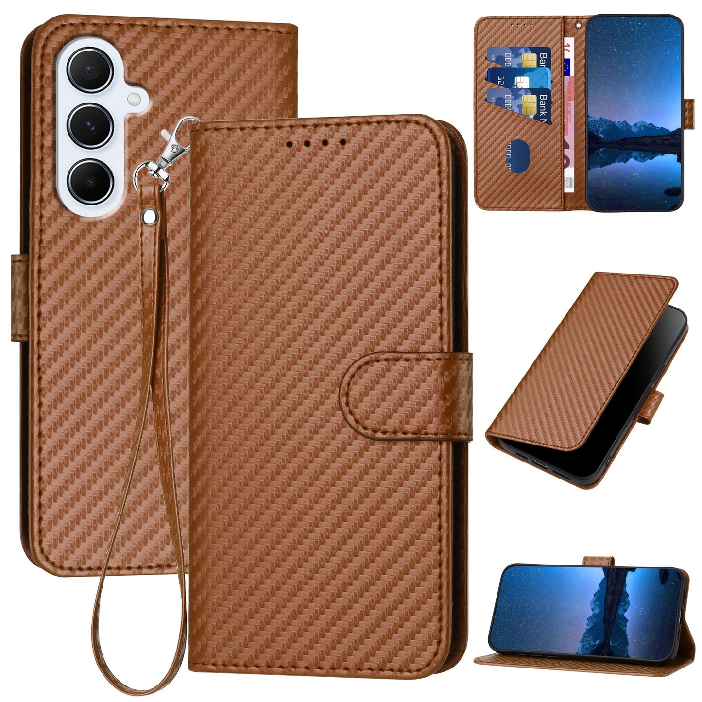 Samsung Galaxy A26 5G Carbon Fiber Buckle Leather Phone Case with Lanyard, PU Leather TPU Wallet Cover with Card Slot, Cash Compartment, Stand Function & Scratch Protection