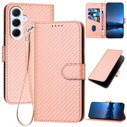 Samsung Galaxy A26 5G Carbon Fiber Buckle Leather Phone Case with Lanyard, PU Leather TPU Wallet Cover with Card Slot, Cash Compartment, Stand Function & Scratch Protection