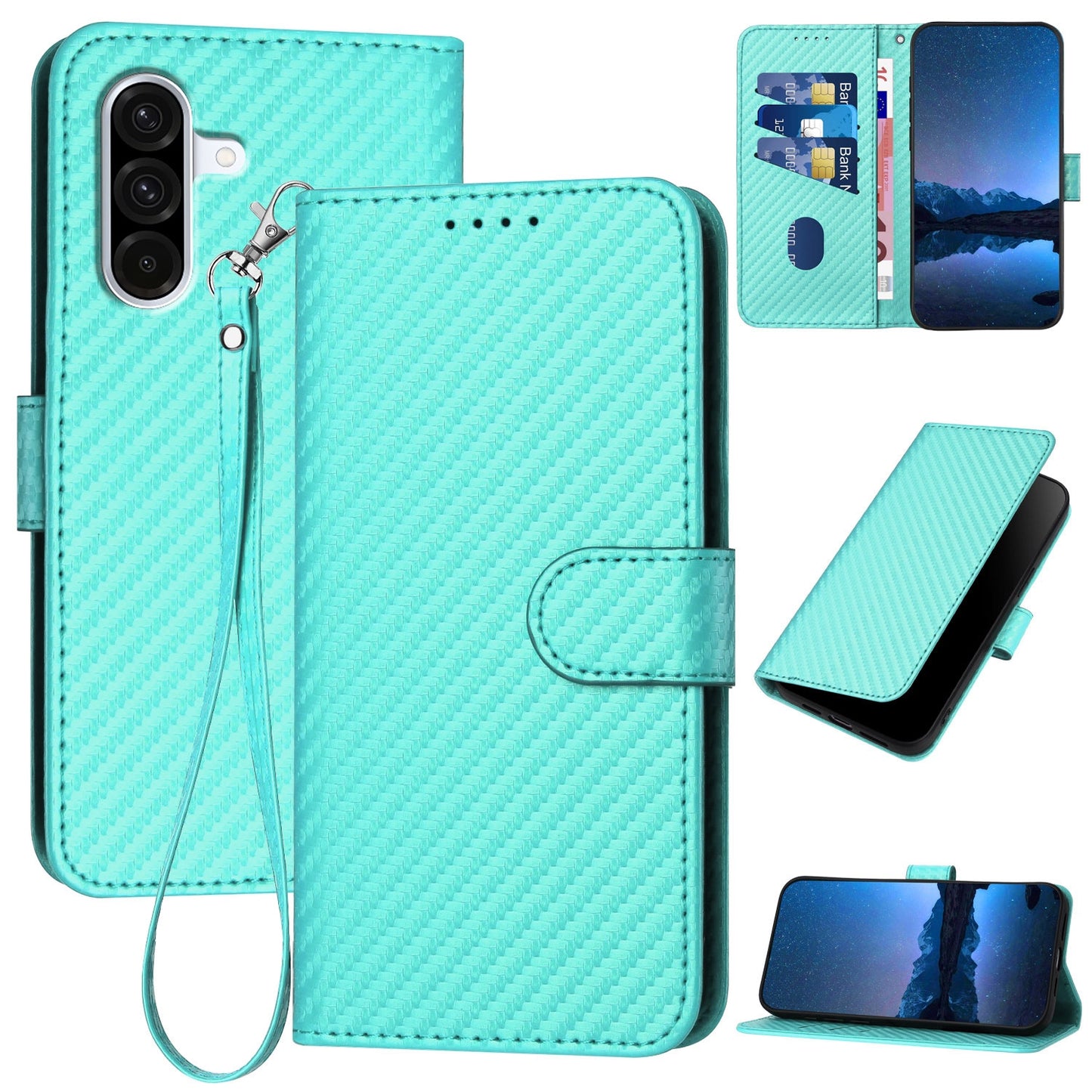 Samsung Galaxy A36 5G Carbon Fiber Buckle Leather Phone Case with Lanyard, PU Leather TPU Wallet Cover with Card Slot, Cash Compartment, Stand Function & Scratch Protection
