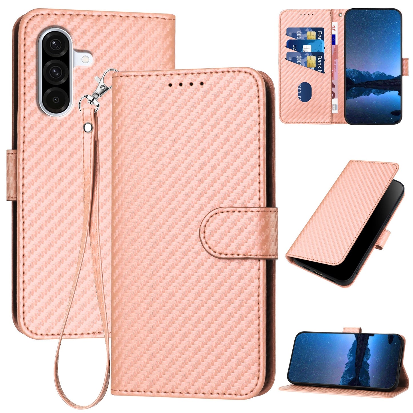 Samsung Galaxy A36 5G Carbon Fiber Buckle Leather Phone Case with Lanyard, PU Leather TPU Wallet Cover with Card Slot, Cash Compartment, Stand Function & Scratch Protection