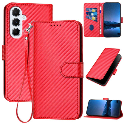 Samsung Galaxy A56 5G Carbon Fiber Buckle Leather Phone Case with Lanyard, PU Leather TPU Wallet Cover with Card Slot, Cash Compartment, Stand Function & Scratch Protection