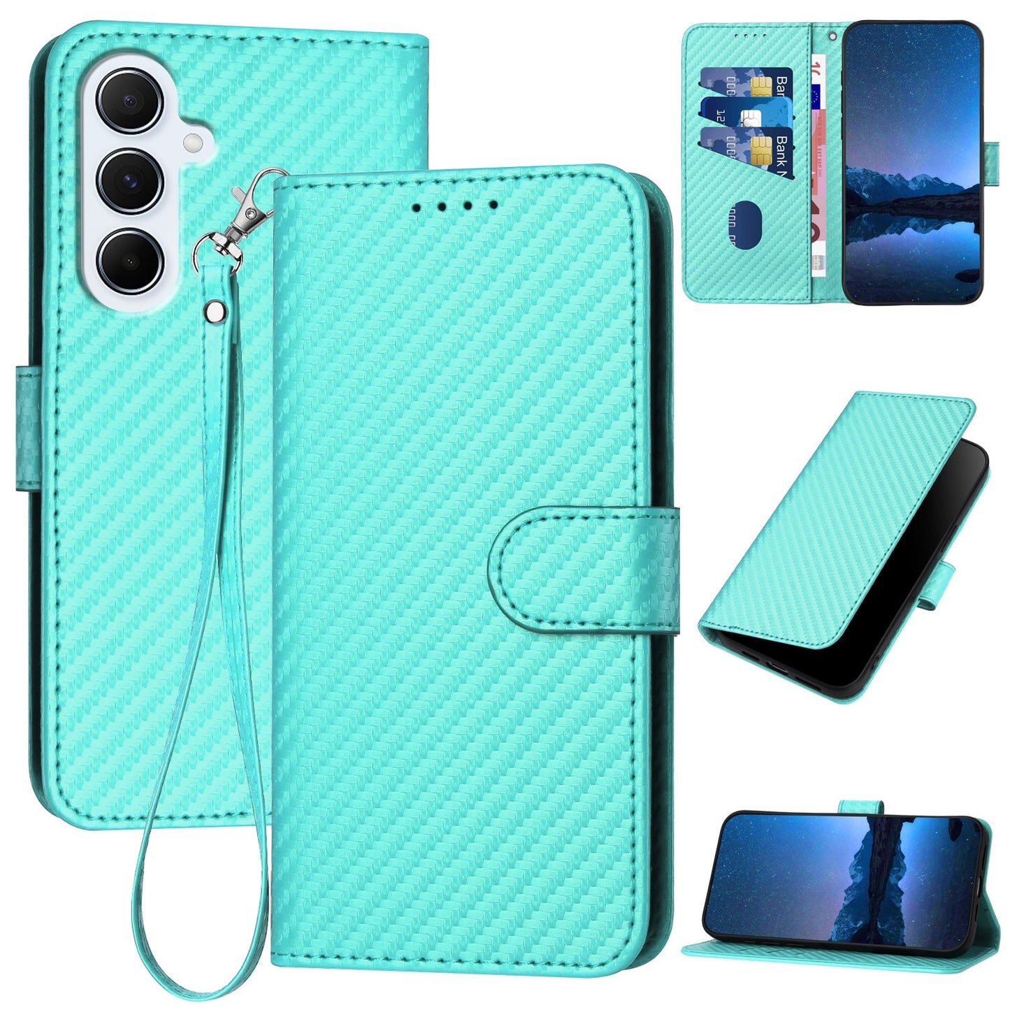 Samsung Galaxy A56 5G Carbon Fiber Buckle Leather Phone Case with Lanyard, PU Leather TPU Wallet Cover with Card Slot, Cash Compartment, Stand Function & Scratch Protection
