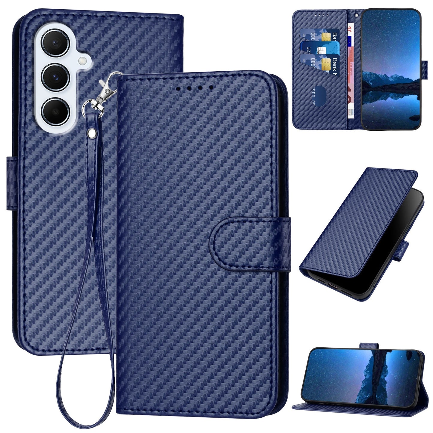 Samsung Galaxy A56 5G Carbon Fiber Buckle Leather Phone Case with Lanyard, PU Leather TPU Wallet Cover with Card Slot, Cash Compartment, Stand Function & Scratch Protection