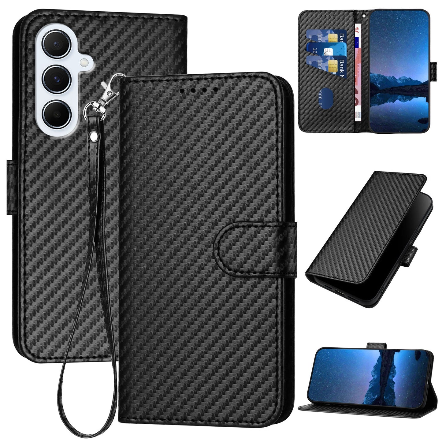 Samsung Galaxy A56 5G Carbon Fiber Buckle Leather Phone Case with Lanyard, PU Leather TPU Wallet Cover with Card Slot, Cash Compartment, Stand Function & Scratch Protection
