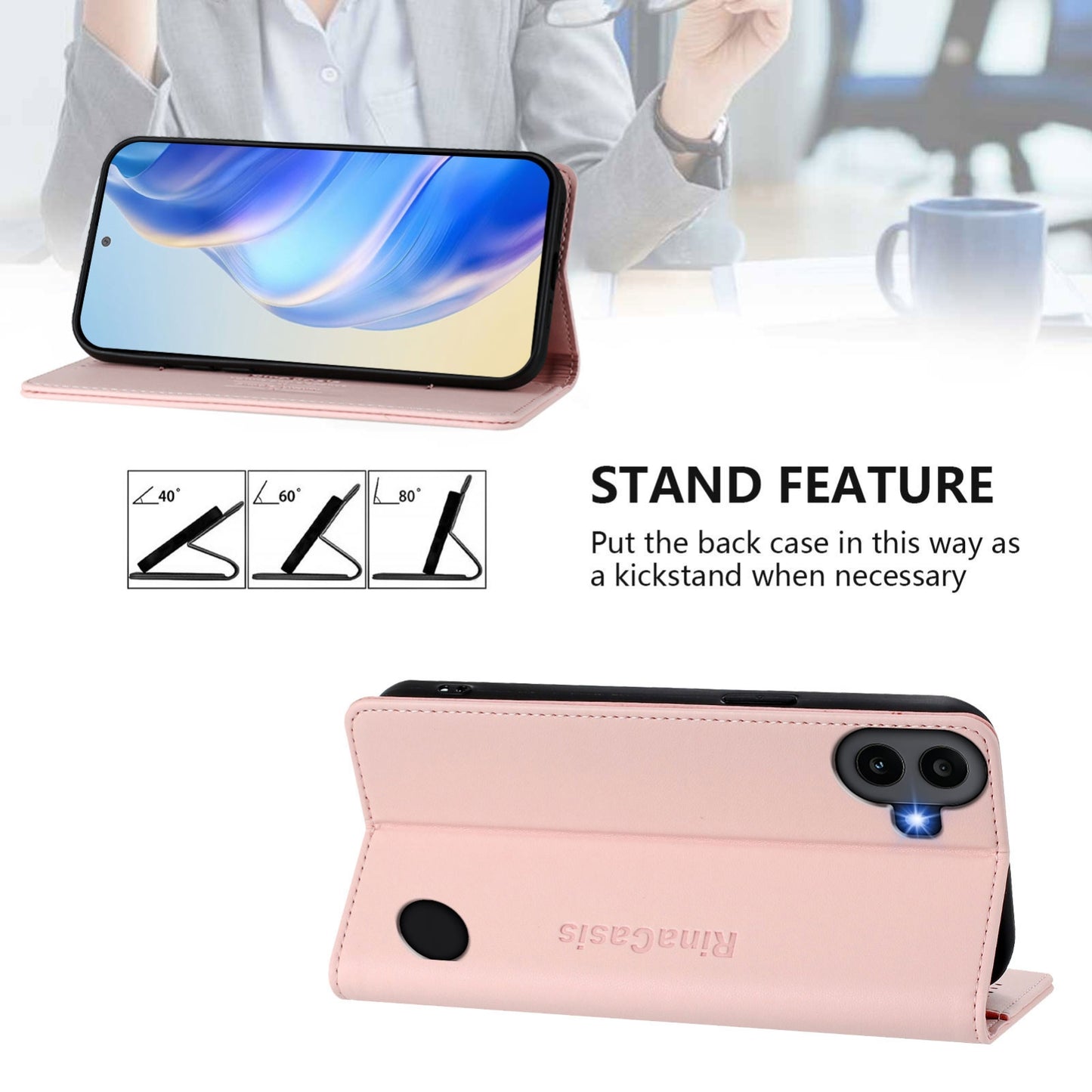Nothing CMF Phone 1 Dual-Folded Magnetic Suction RFID Blocking PU Leather Wallet Phone Case with Card Slots, Cash Pocket, Kickstand, Full Protective Flip Cover