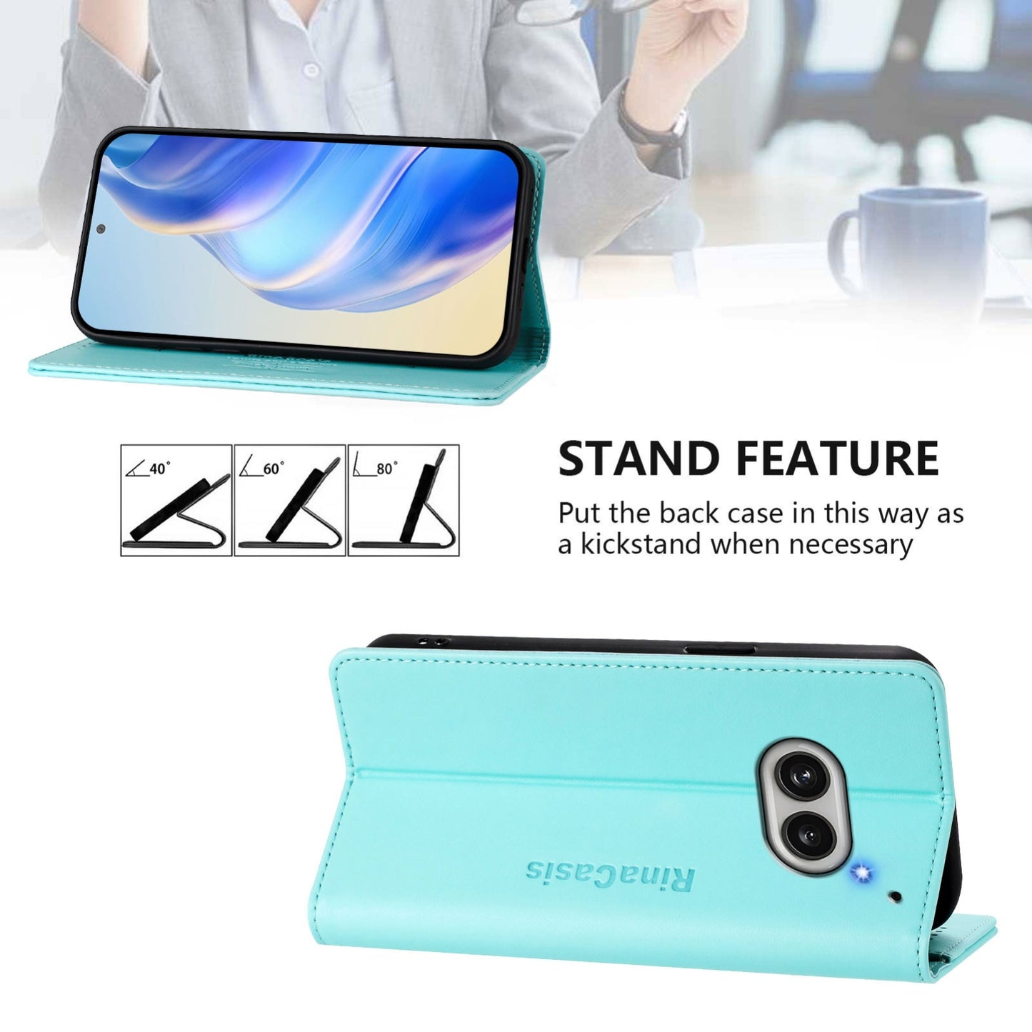 Nothing Phone 2a Dual-Folded Magnetic Suction RFID Blocking PU Leather Wallet Phone Case with Card Slots, Cash Pocket, Kickstand, Full Protective Flip Cover