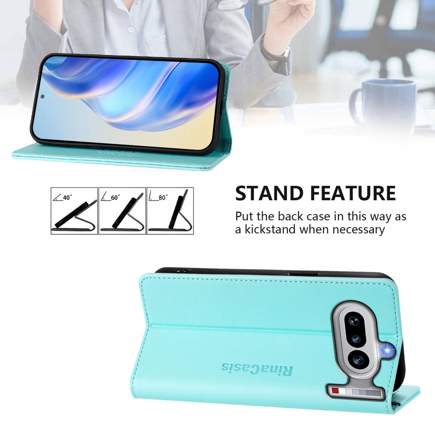 Nothing Phone 4a Dual-Folded Magnetic Suction RFID Blocking PU Leather Wallet Phone Case with Card Slots, Cash Pocket, Kickstand, Full Protective Flip Cover