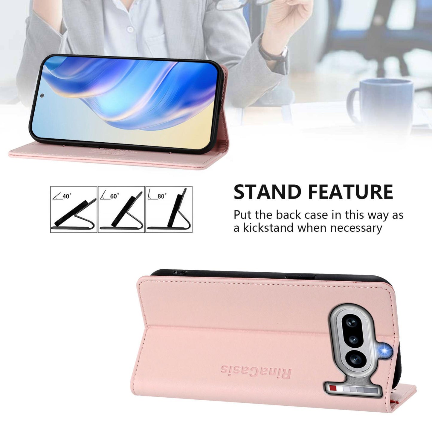 Nothing Phone 4a Dual-Folded Magnetic Suction RFID Blocking PU Leather Wallet Phone Case with Card Slots, Cash Pocket, Kickstand, Full Protective Flip Cover
